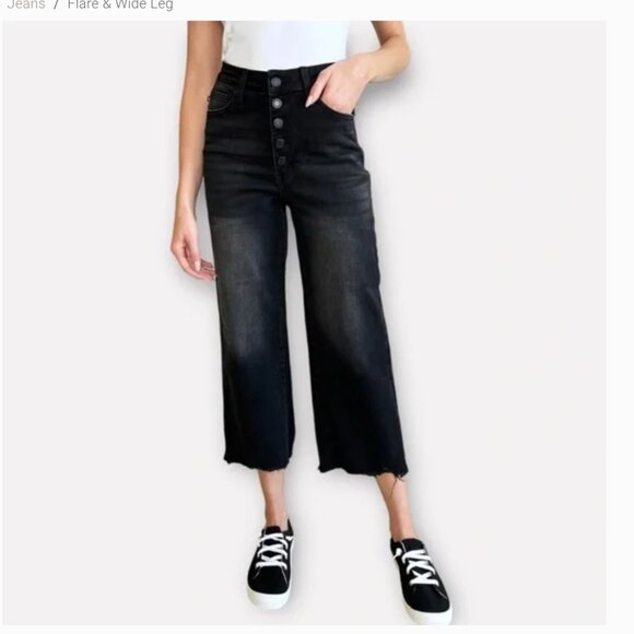 JUDY BLUE Cropped Wide Leg Button Fly Black Jeans size 11/30 - Picture 1 of 9